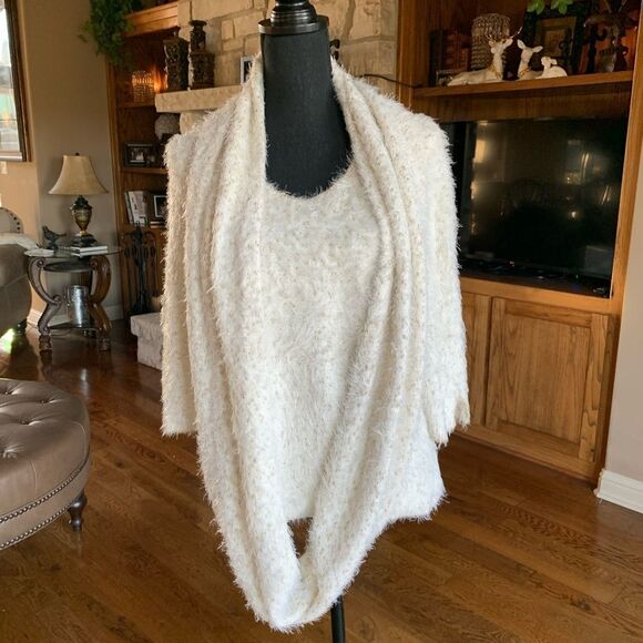 Chico’s Ivory Scarf Fuzzy Sweater‎ - Picture 1 of 15